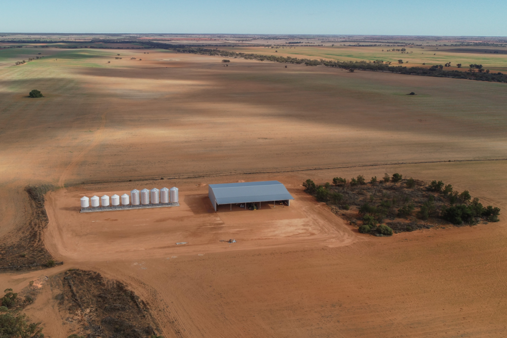 Machinery shed with canopy- drone photo