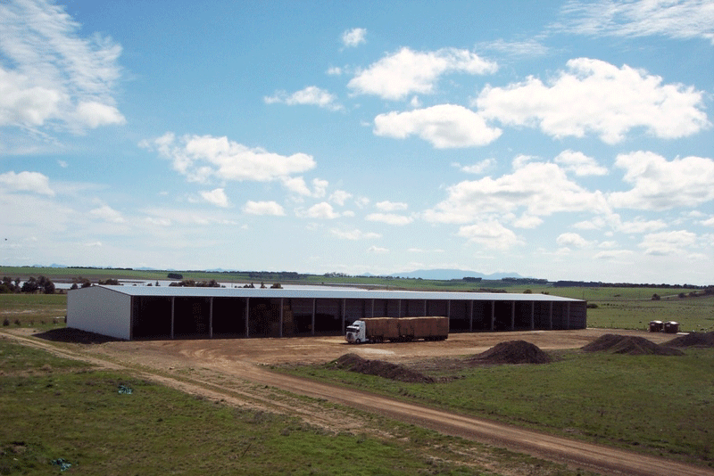 You are currently viewing 30m (W) x 130.9m (L) x 7.6m (H) open-fronted hay shed for storage facility