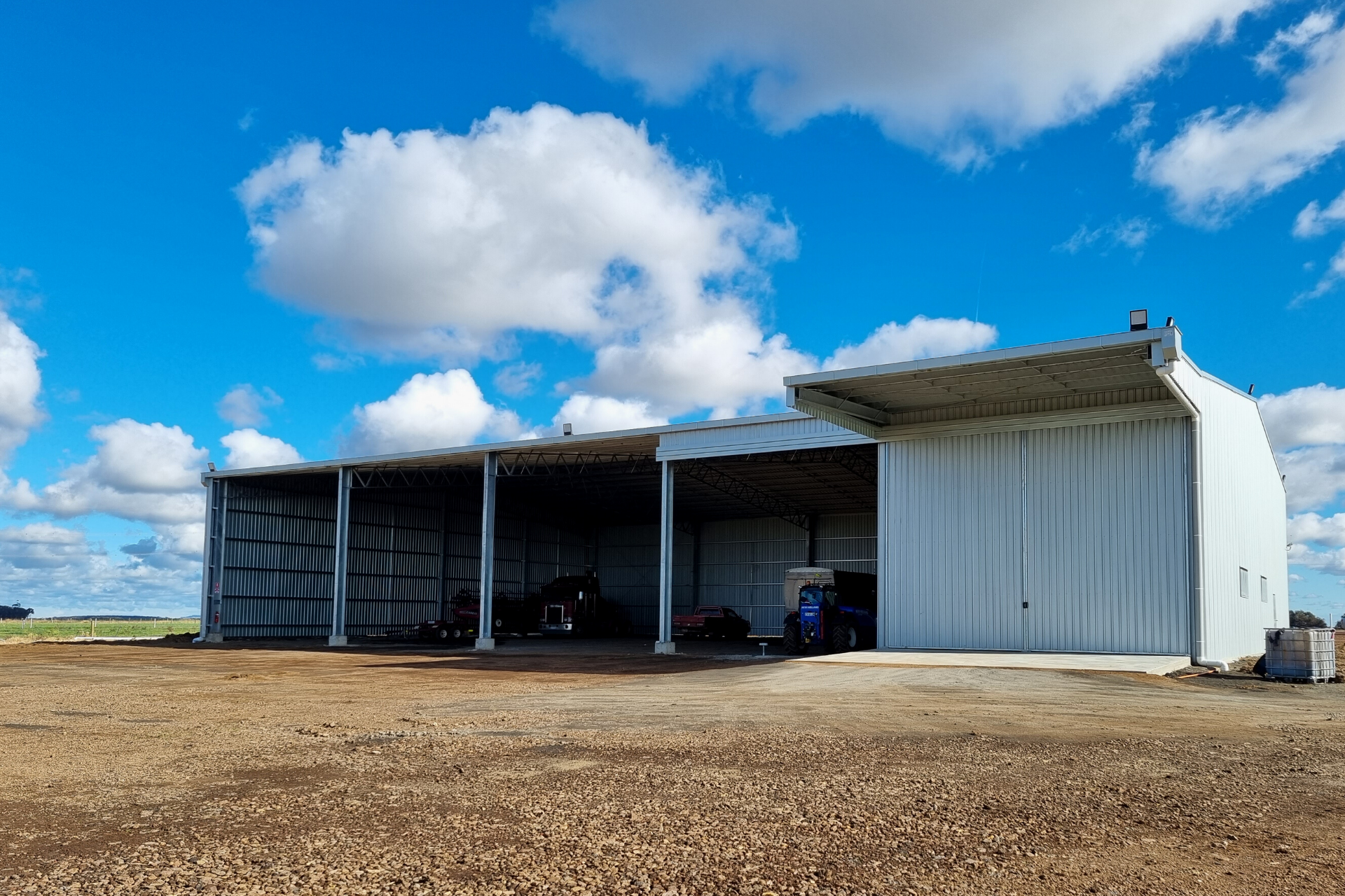 A 40mx 27m x 7m machinery shed with a 6 metre canopy to one bay at Derrinallum