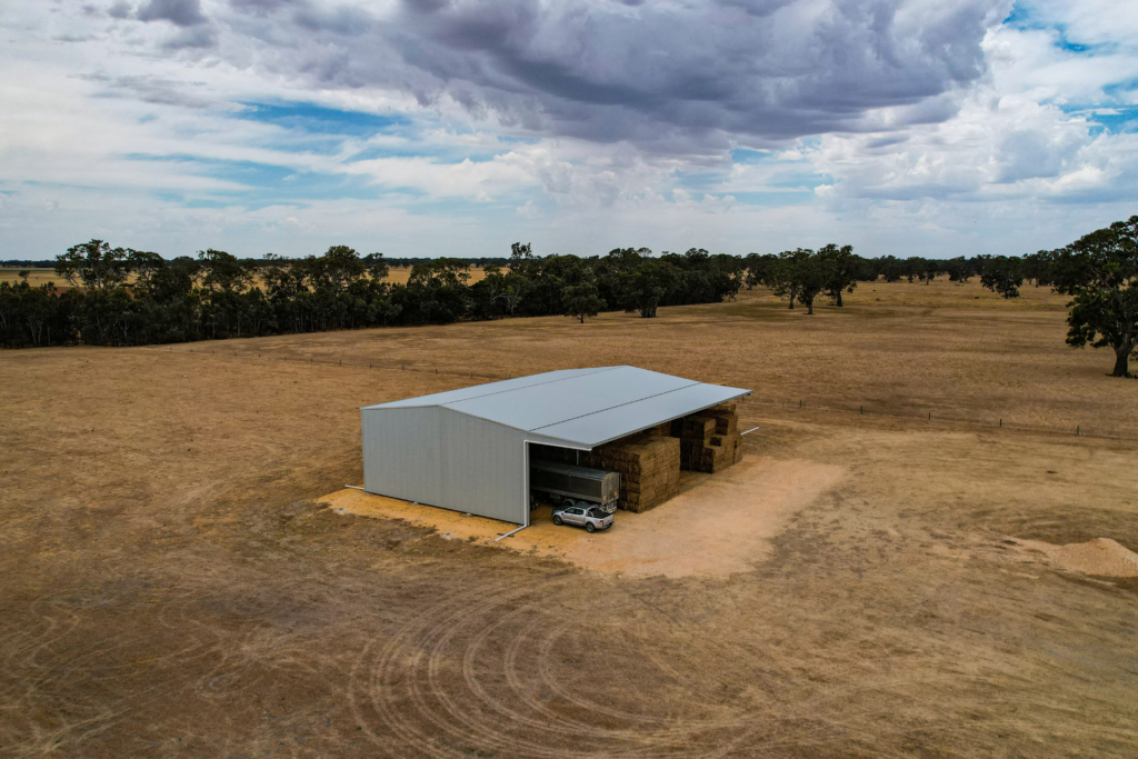 A 32m x 18m x 7.5m hay shed with 6 metre canopy at Apsley VIC