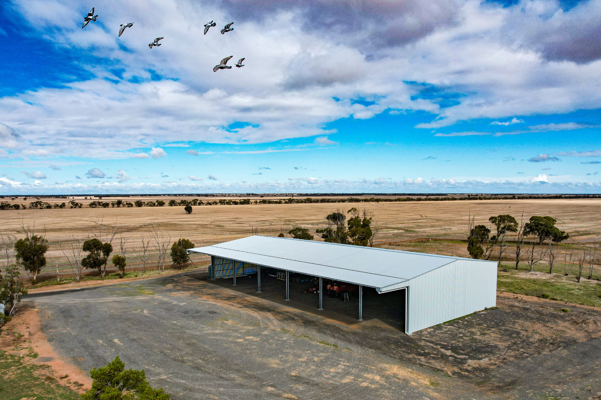 A 54m x 24m x 7.5m machinery shed with 6 metre canopy at Wilkur VIC