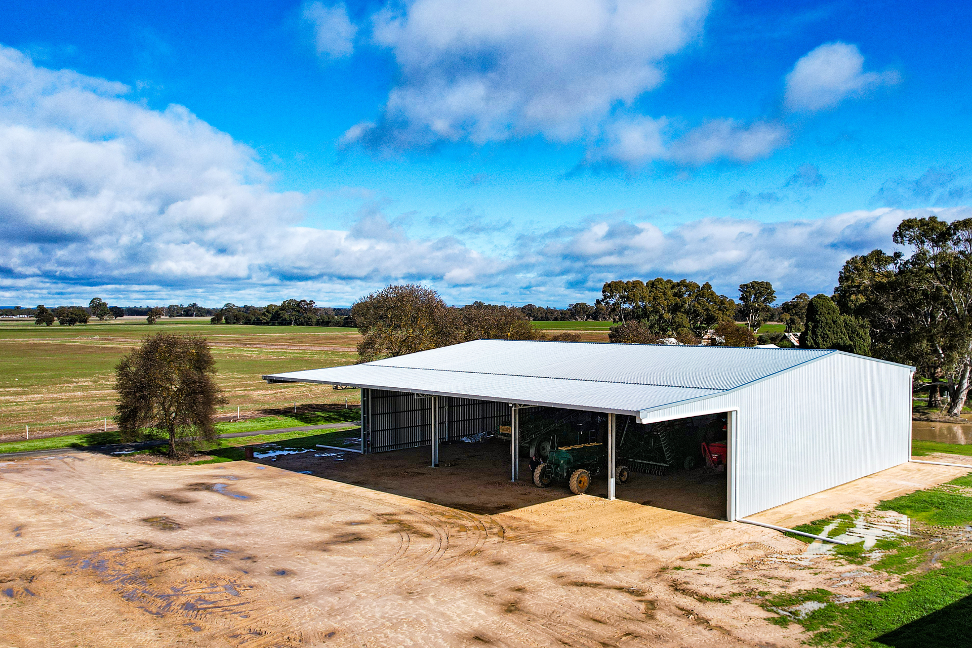 A 32m x 24m x 6.75m machinery shed with 8 metre canopy at Navarre VIC