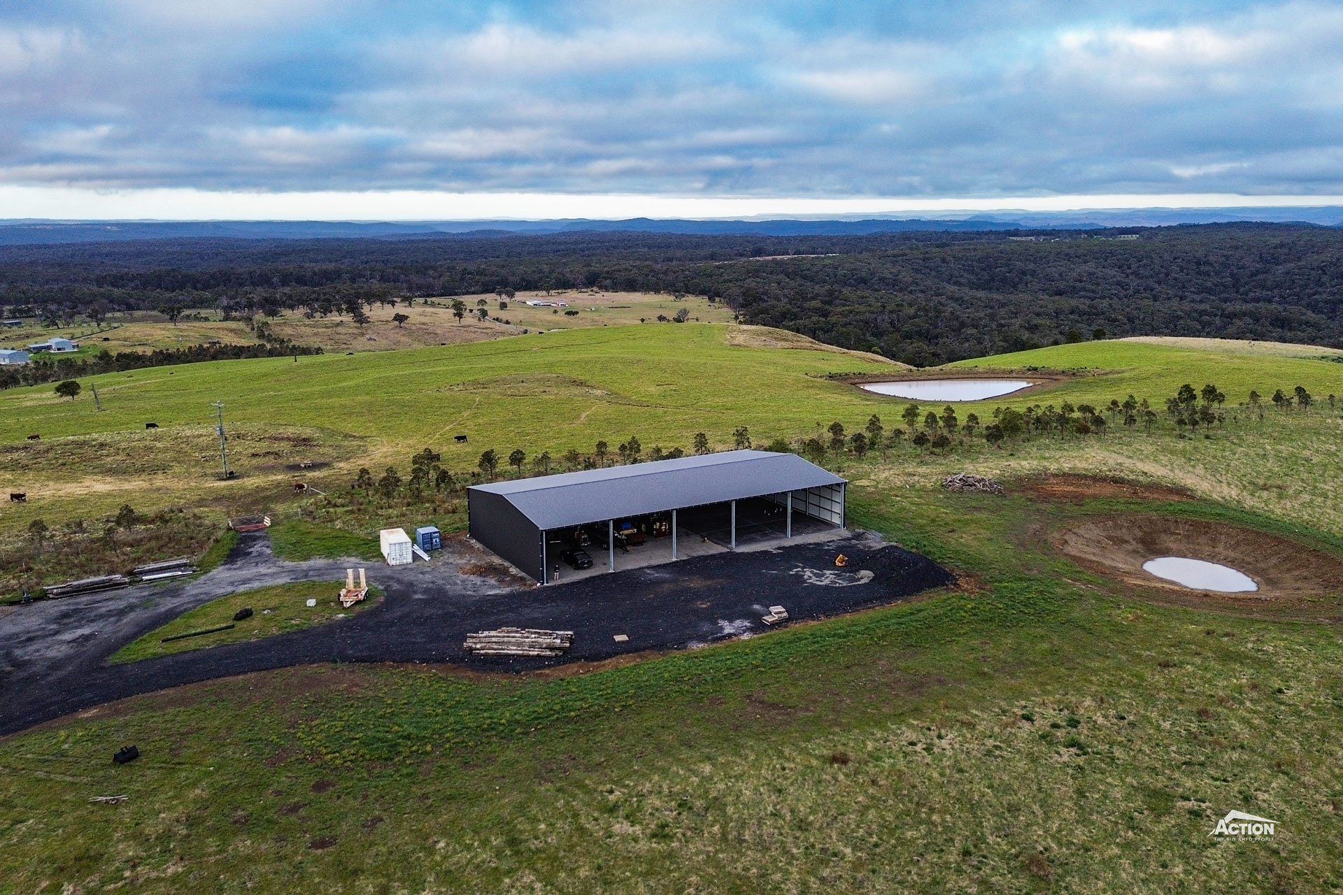 Drone photo of 21m span farm shed in NSW