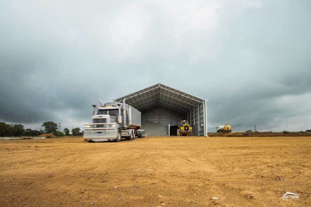 21m span standard fertiliser shed with two storage areas