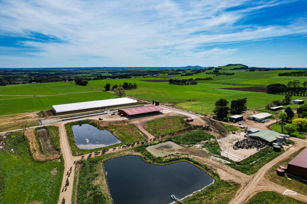 Drone photo of dairy with igloo shelters and Action dairy barns